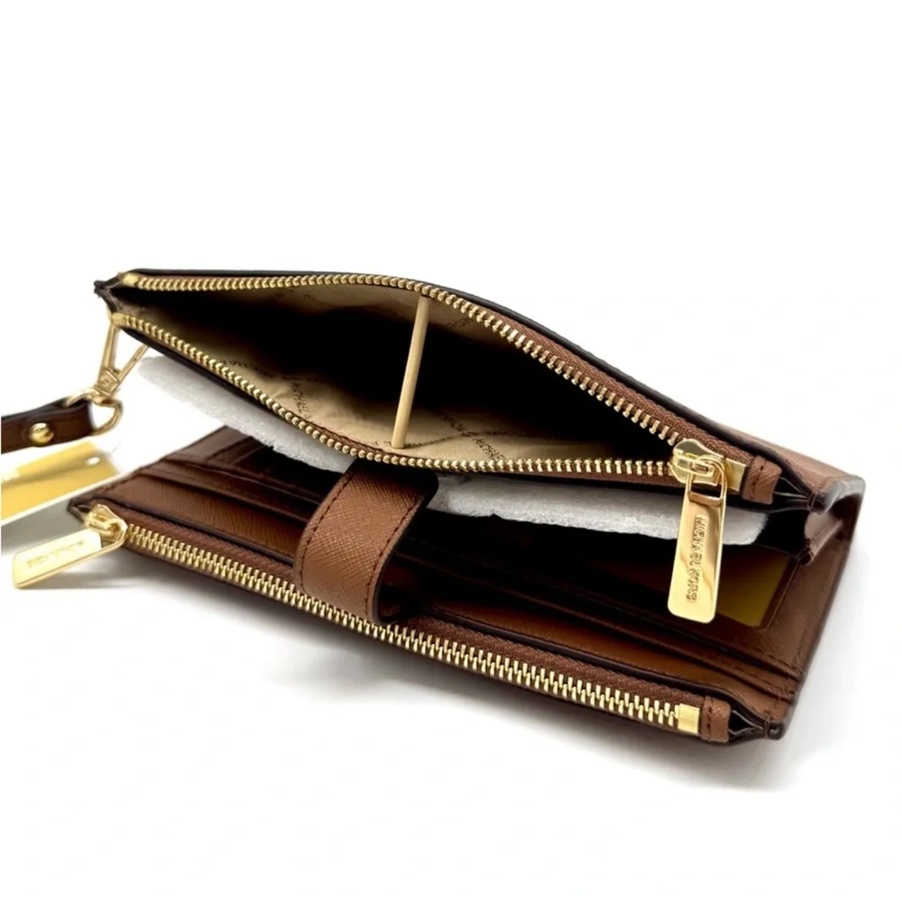 Michael Kors Large Jet Set Travel Logo Double Zip Wallet Luggage Brown - Picture 8 of 9